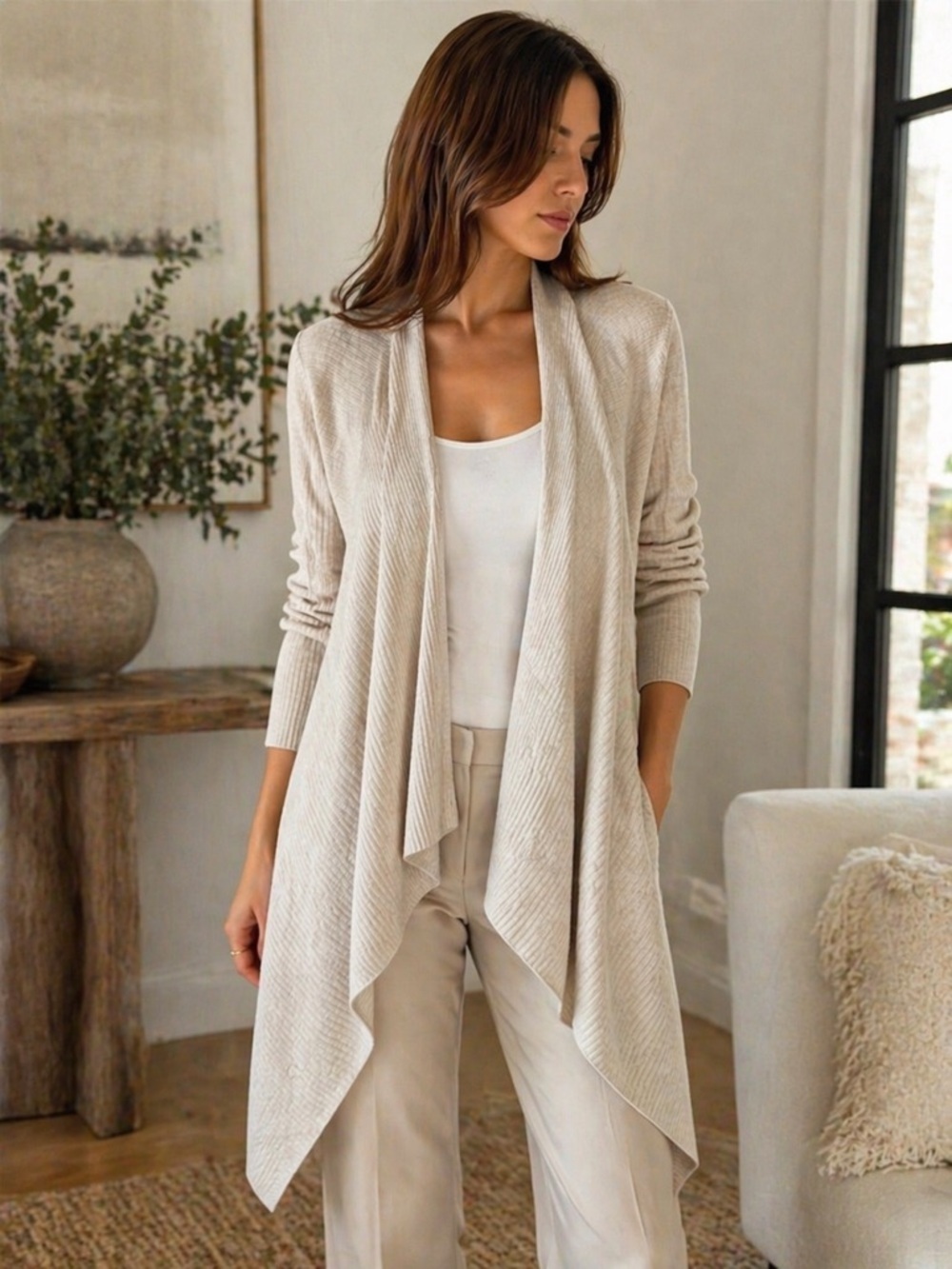 Eileen Fisher Ribbed Wool Open Front Cardigan Cream XS TP